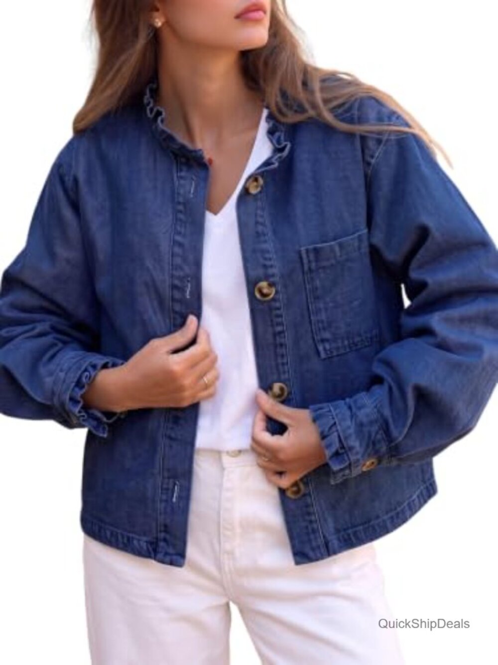 Flowyair Women's Denim Shirt Casual Button Down Long Sleeve Open Front Ruffle